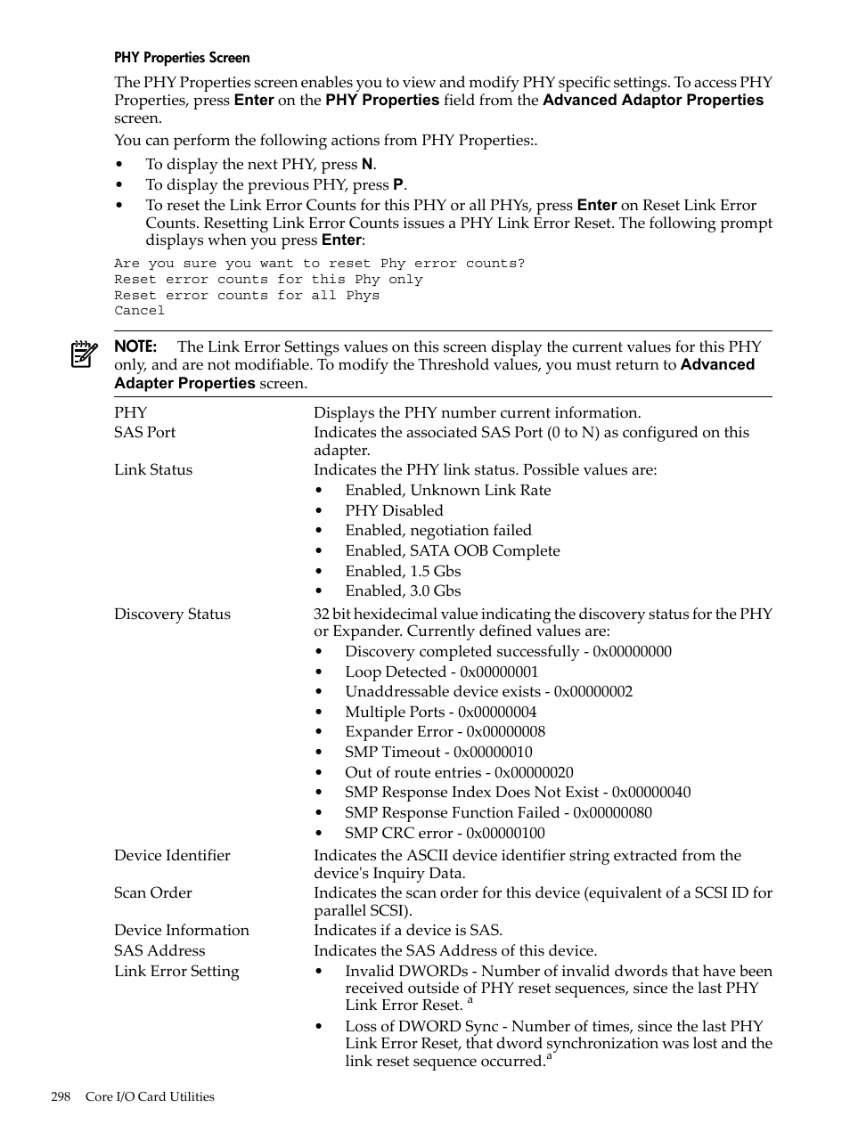 Phy properties screen | HP INTEGRITY RX3600 User Manual | Page 298 / 356