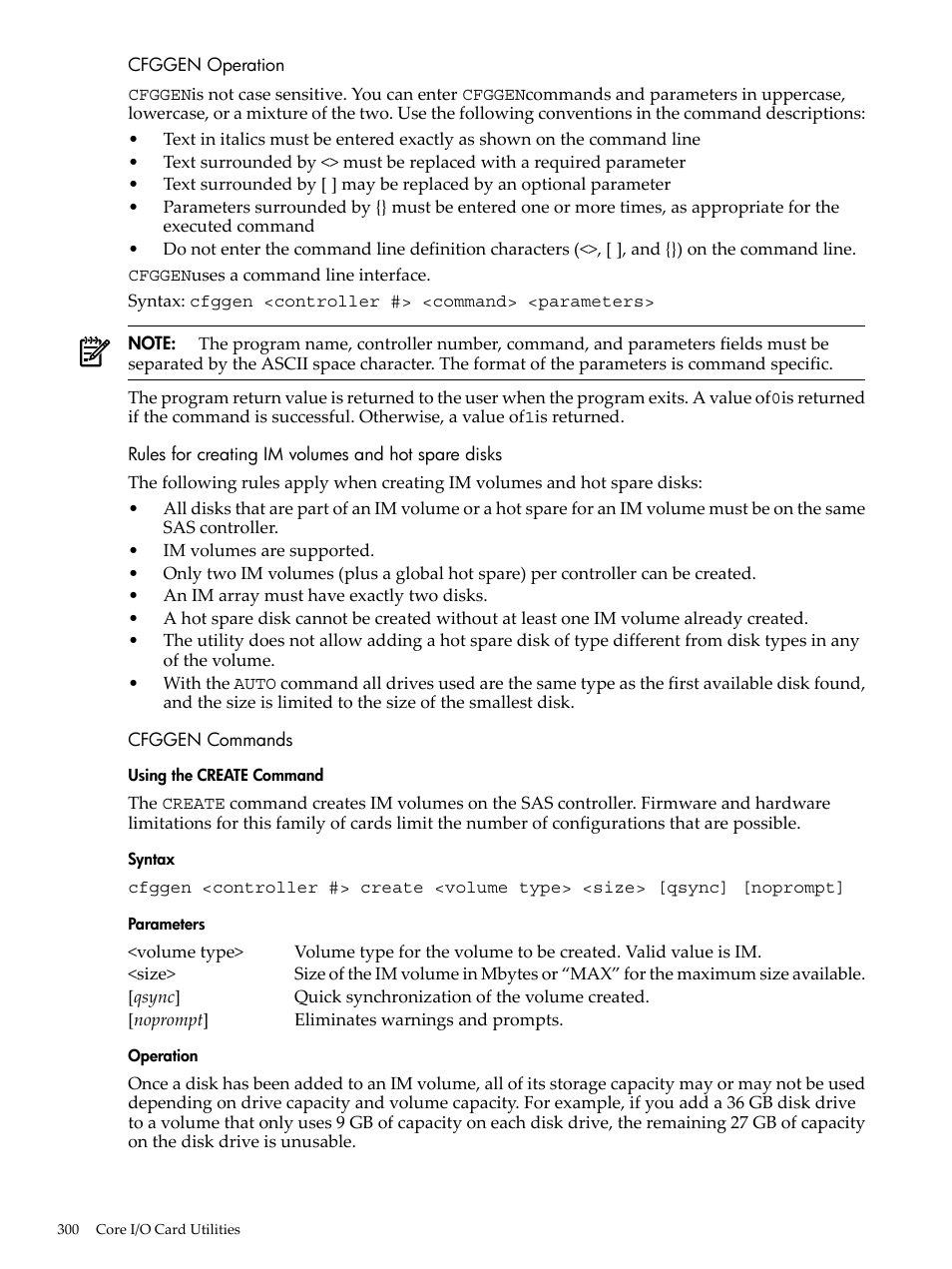Cfggen operation, Rules for creating im volumes and hot spare disks, Cfggen commands | Using the create command, Syntax, Parameters, Operation | HP INTEGRITY RX3600 User Manual | Page 300 / 356