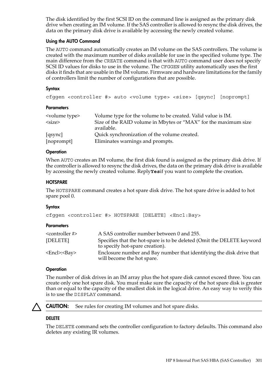 Using the auto command, Syntax, Parameters | Operation, Hotspare, Delete | HP INTEGRITY RX3600 User Manual | Page 301 / 356