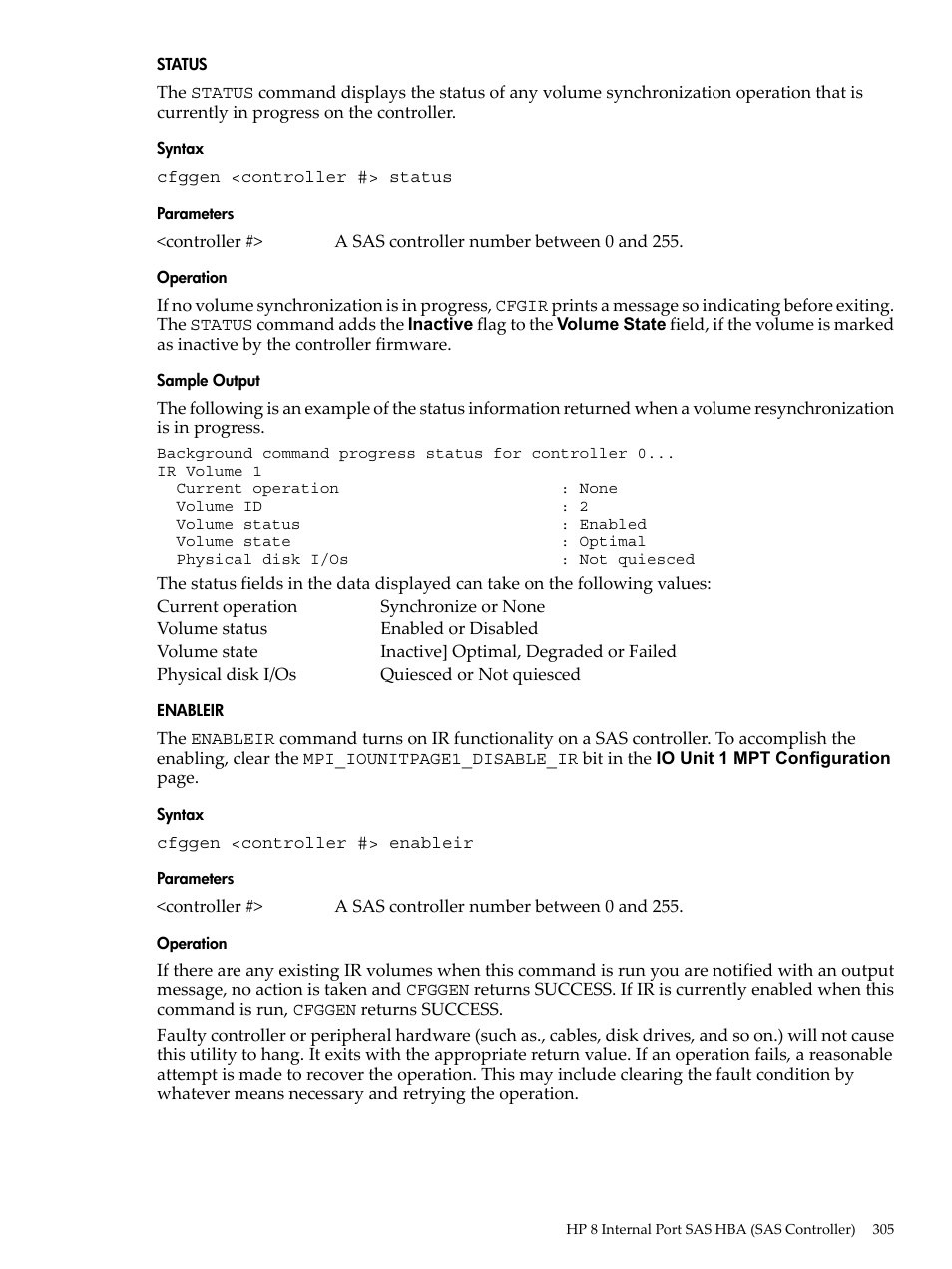 Status, Syntax, Parameters | Operation, Sample output, Enableir | HP INTEGRITY RX3600 User Manual | Page 305 / 356