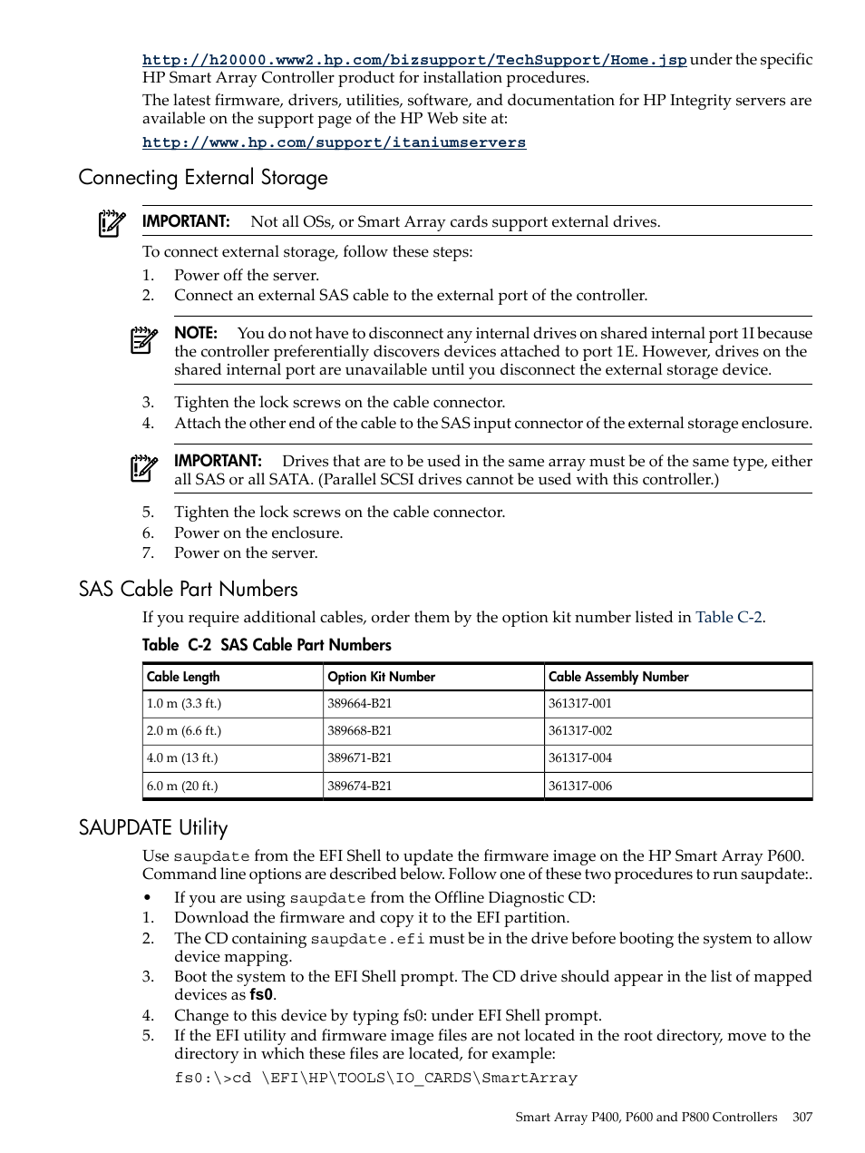 Connecting external storage, Sas cable part numbers, Saupdate utility | HP INTEGRITY RX3600 User Manual | Page 307 / 356