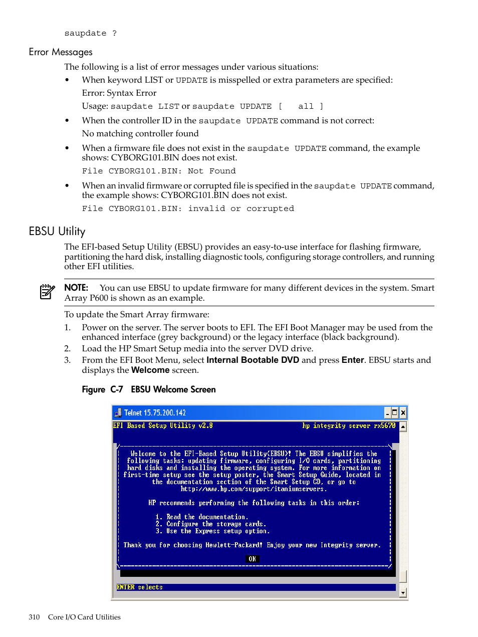 Error messages, Ebsu utility, Ebsu welcome screen | HP INTEGRITY RX3600 User Manual | Page 310 / 356