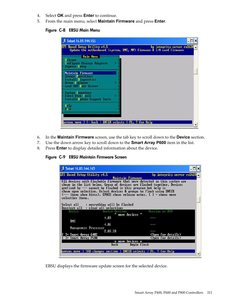 Ebsu main menu, Ebsu maintain firmware screen | HP INTEGRITY RX3600 User Manual | Page 311 / 356