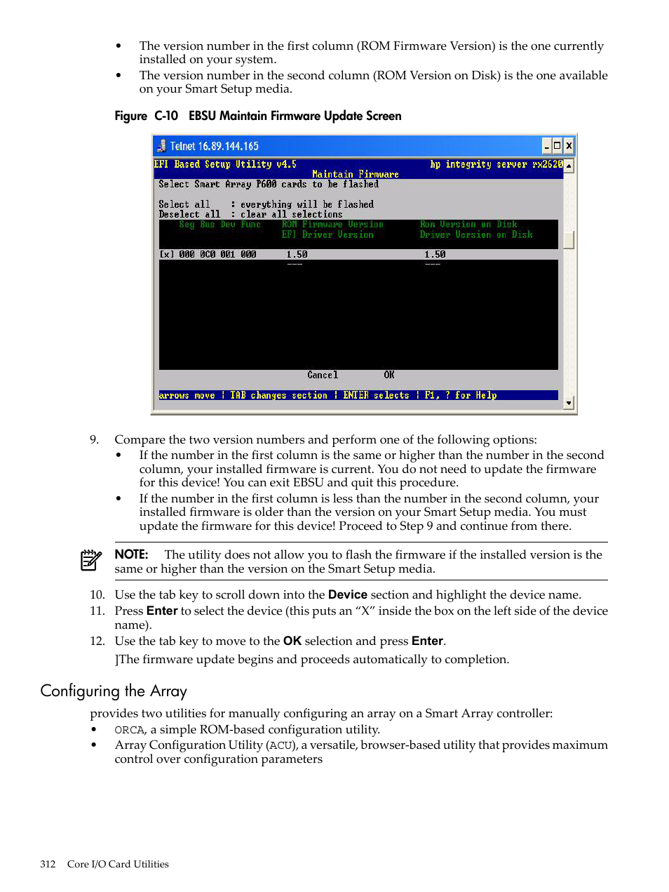 Configuring the array, C-10, Ebsu maintain firmware update screen | HP INTEGRITY RX3600 User Manual | Page 312 / 356