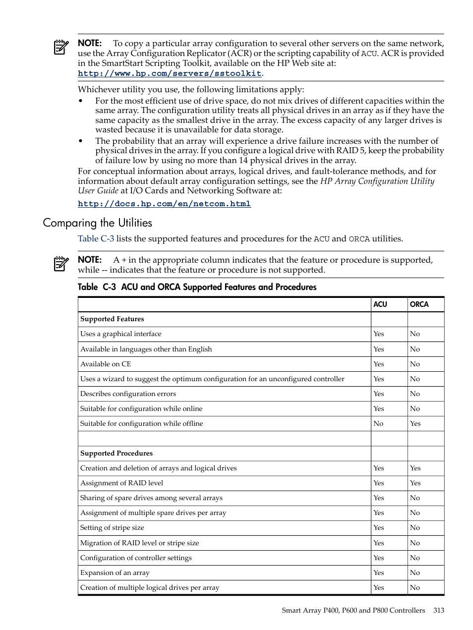 Comparing the utilities, Acu and orca supported features and procedures | HP INTEGRITY RX3600 User Manual | Page 313 / 356