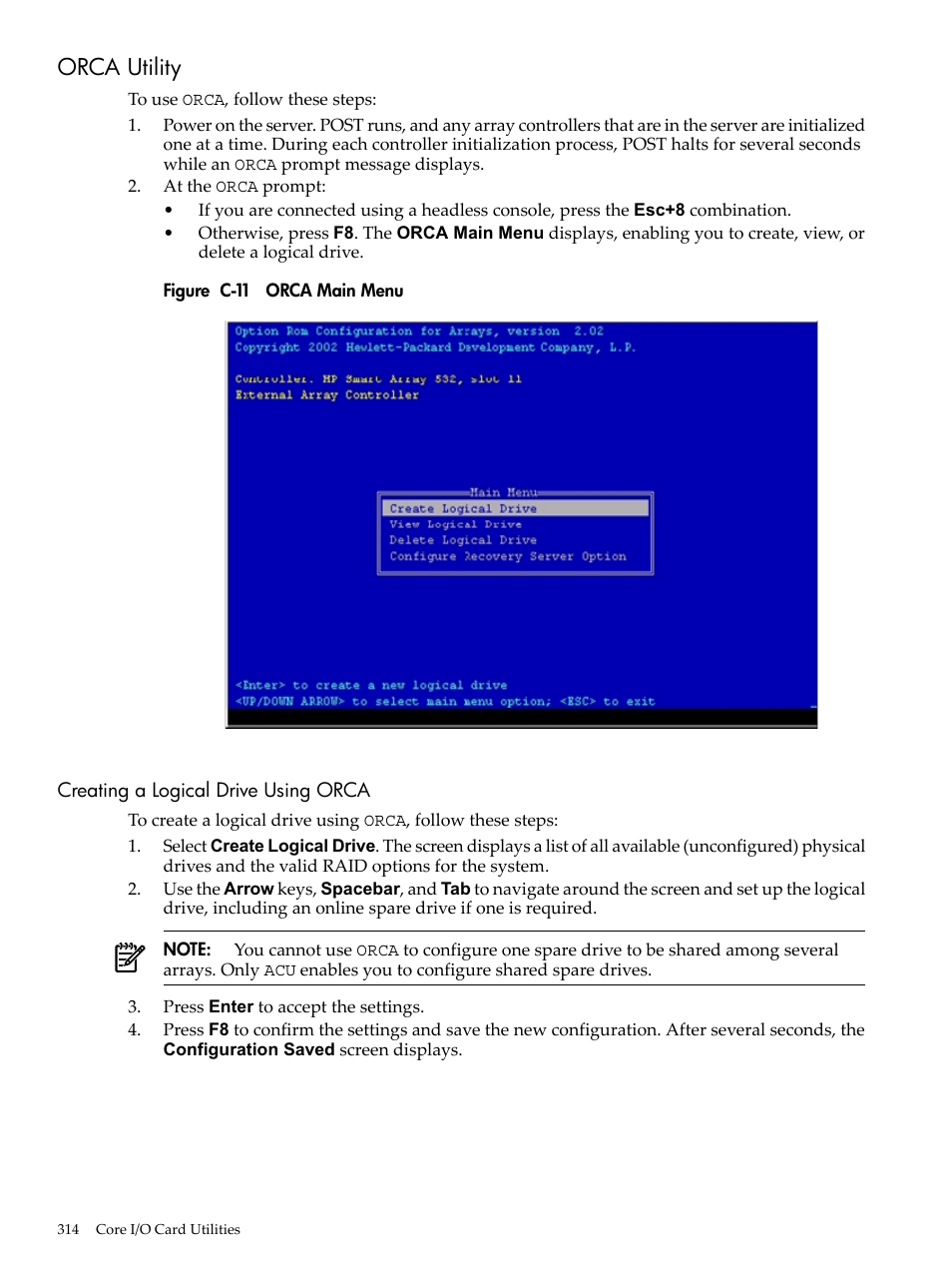Orca utility, Creating a logical drive using orca, C-11 | Orca main menu | HP INTEGRITY RX3600 User Manual | Page 314 / 356