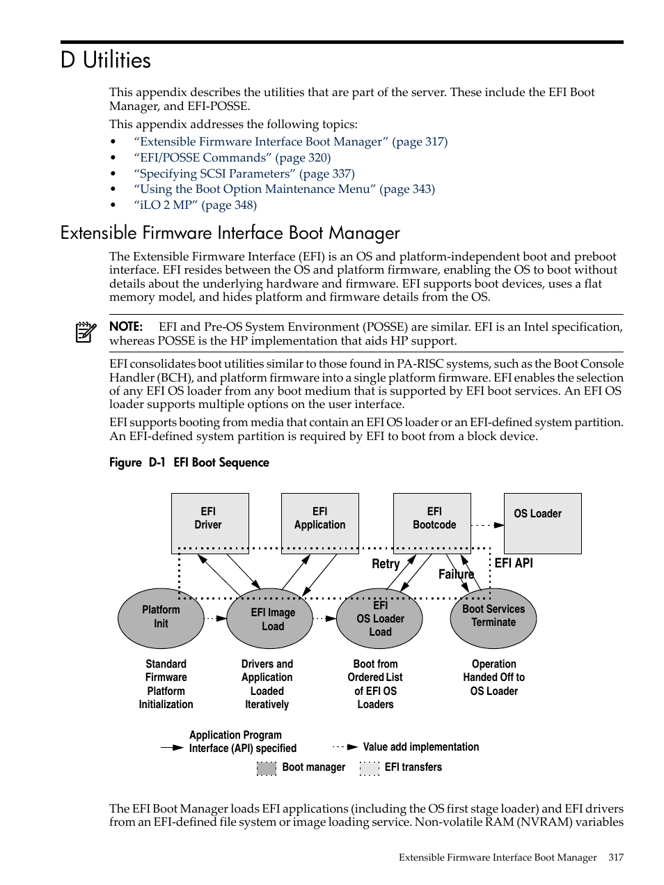 D utilities, Extensible firmware interface boot manager, Efi boot sequence | HP INTEGRITY RX3600 User Manual | Page 317 / 356