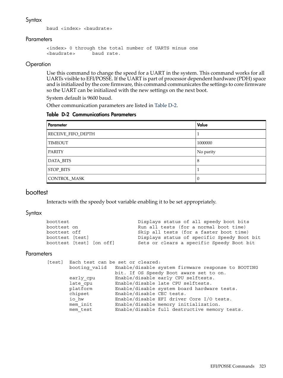 Syntax, Parameters, Operation | Boottest, Syntax parameters operation, Syntax parameters, Communications parameters | HP INTEGRITY RX3600 User Manual | Page 323 / 356