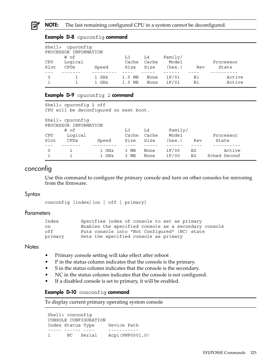 Conconfig, Syntax, Parameters | Notes, Syntax parameters notes, Cpuconfig, Command, Cpuconfig 2, D-10 | HP INTEGRITY RX3600 User Manual | Page 325 / 356