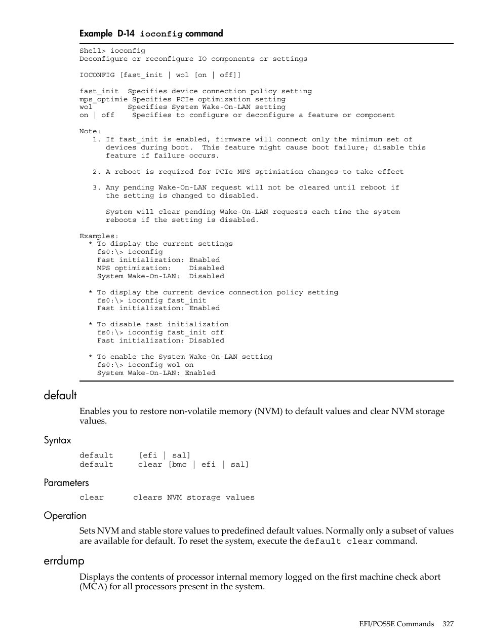 Default, Syntax, Parameters | Operation, Errdump, Syntax parameters operation, D-14, Ioconfig, Command | HP INTEGRITY RX3600 User Manual | Page 327 / 356