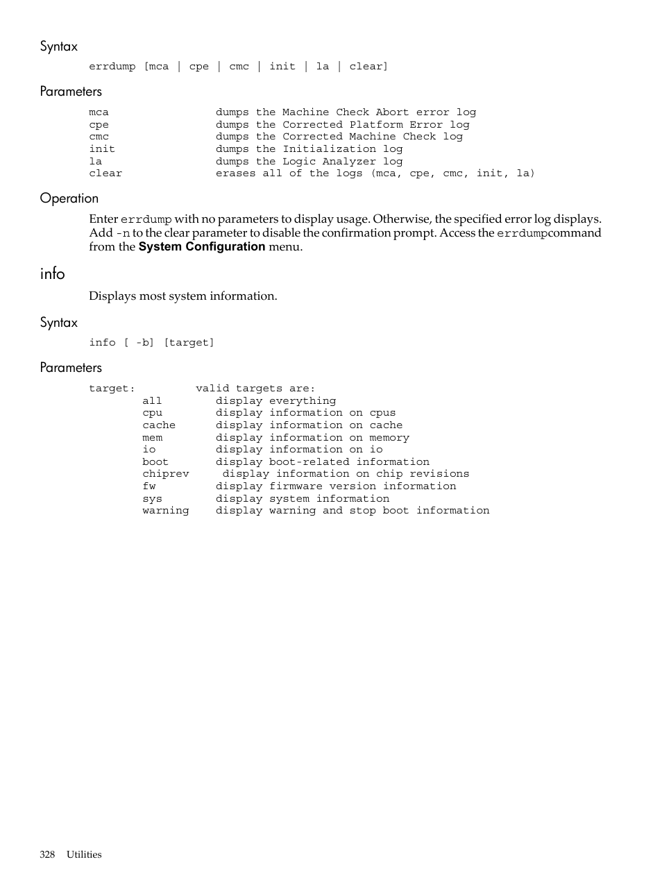 Syntax, Parameters, Operation | Info, Syntax parameters operation, Syntax parameters | HP INTEGRITY RX3600 User Manual | Page 328 / 356