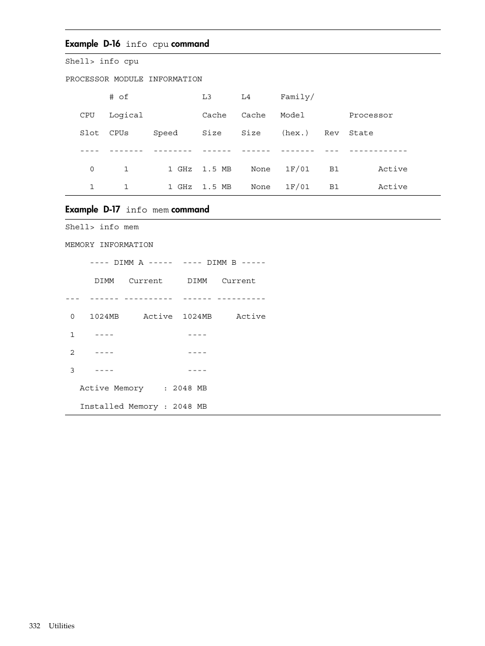 D-16, Info cpu, Command | D-17, Info mem | HP INTEGRITY RX3600 User Manual | Page 332 / 356