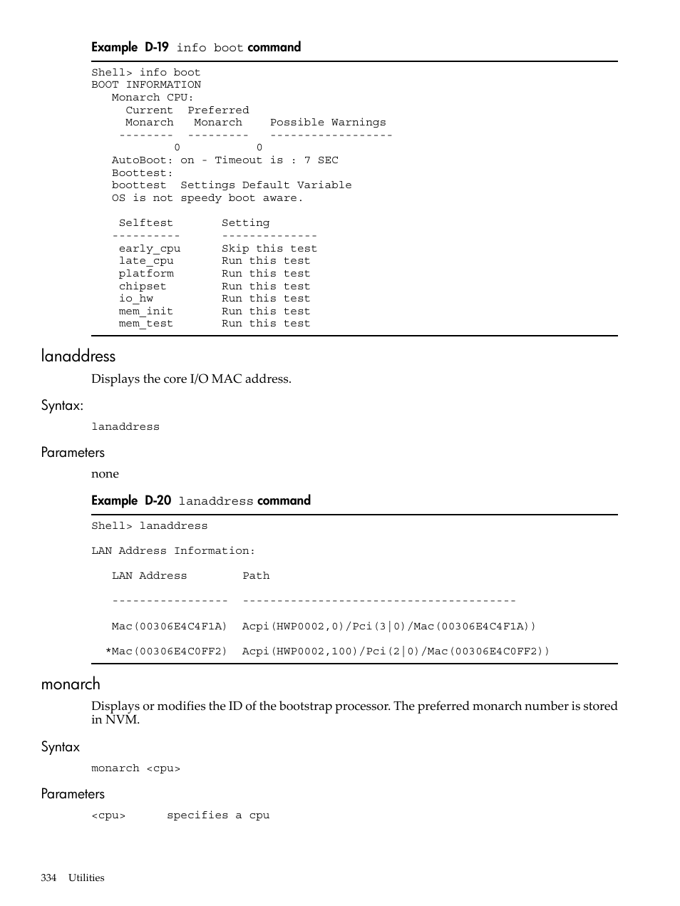 Lanaddress, Syntax, Parameters | Monarch, Syntax: parameters, Syntax parameters, D-19, Info boot, Command, D-20 | HP INTEGRITY RX3600 User Manual | Page 334 / 356