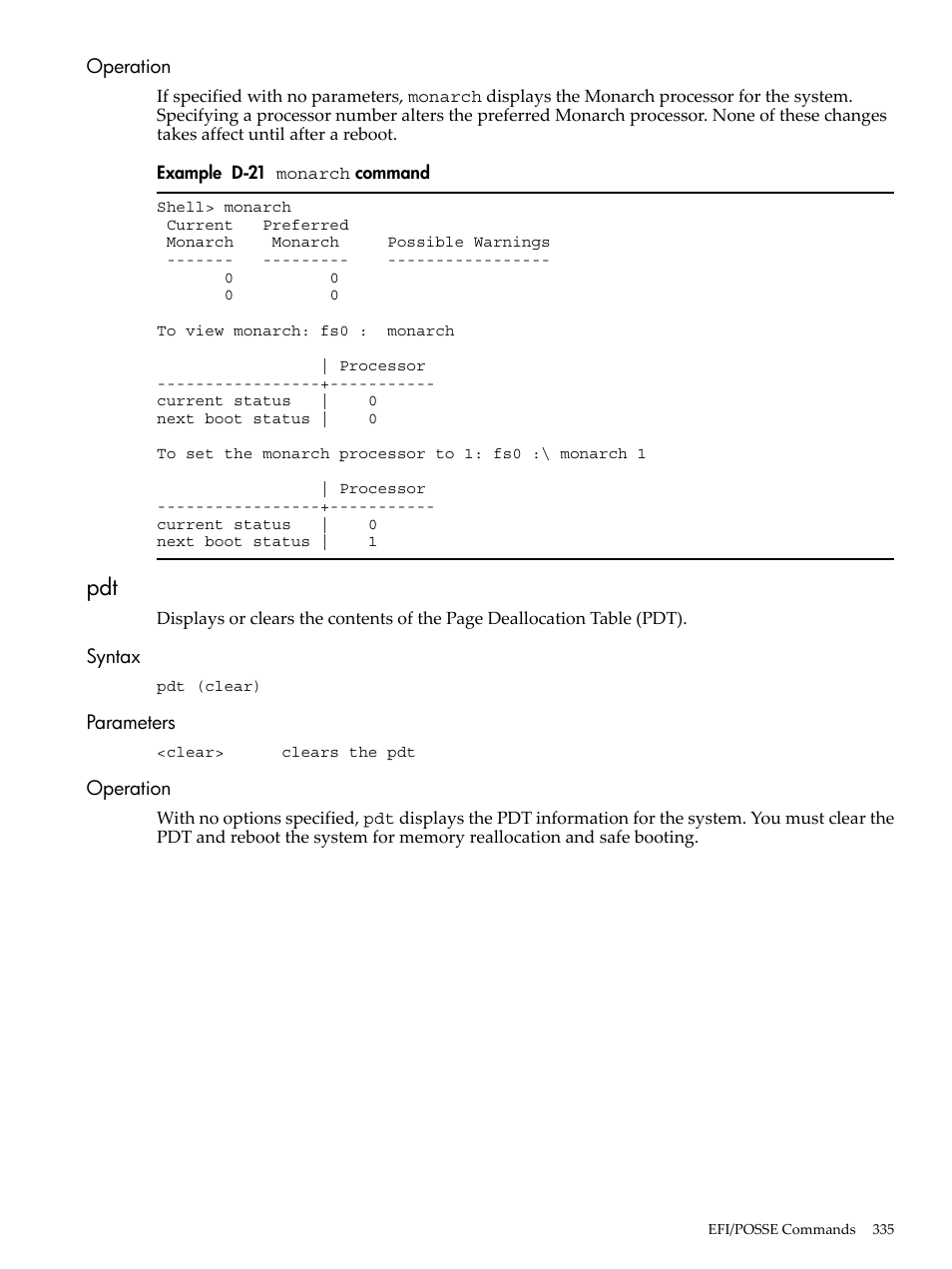 Operation, Syntax, Parameters | Syntax parameters operation, D-21, Monarch, Command | HP INTEGRITY RX3600 User Manual | Page 335 / 356