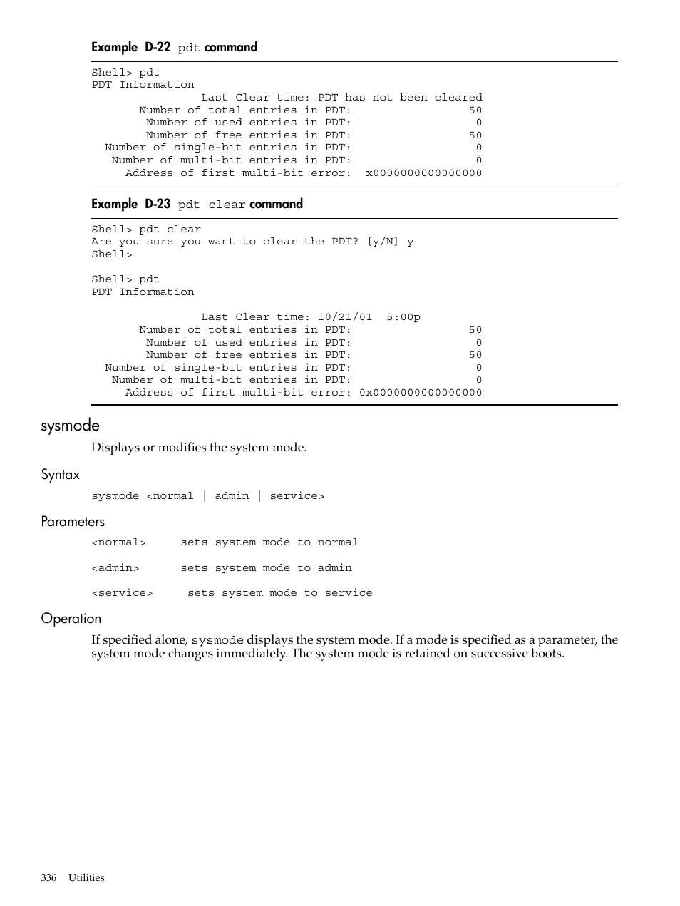 Sysmode, Syntax, Parameters | Operation, Syntax parameters operation, D-22, Command, D-23, Pdt clear | HP INTEGRITY RX3600 User Manual | Page 336 / 356