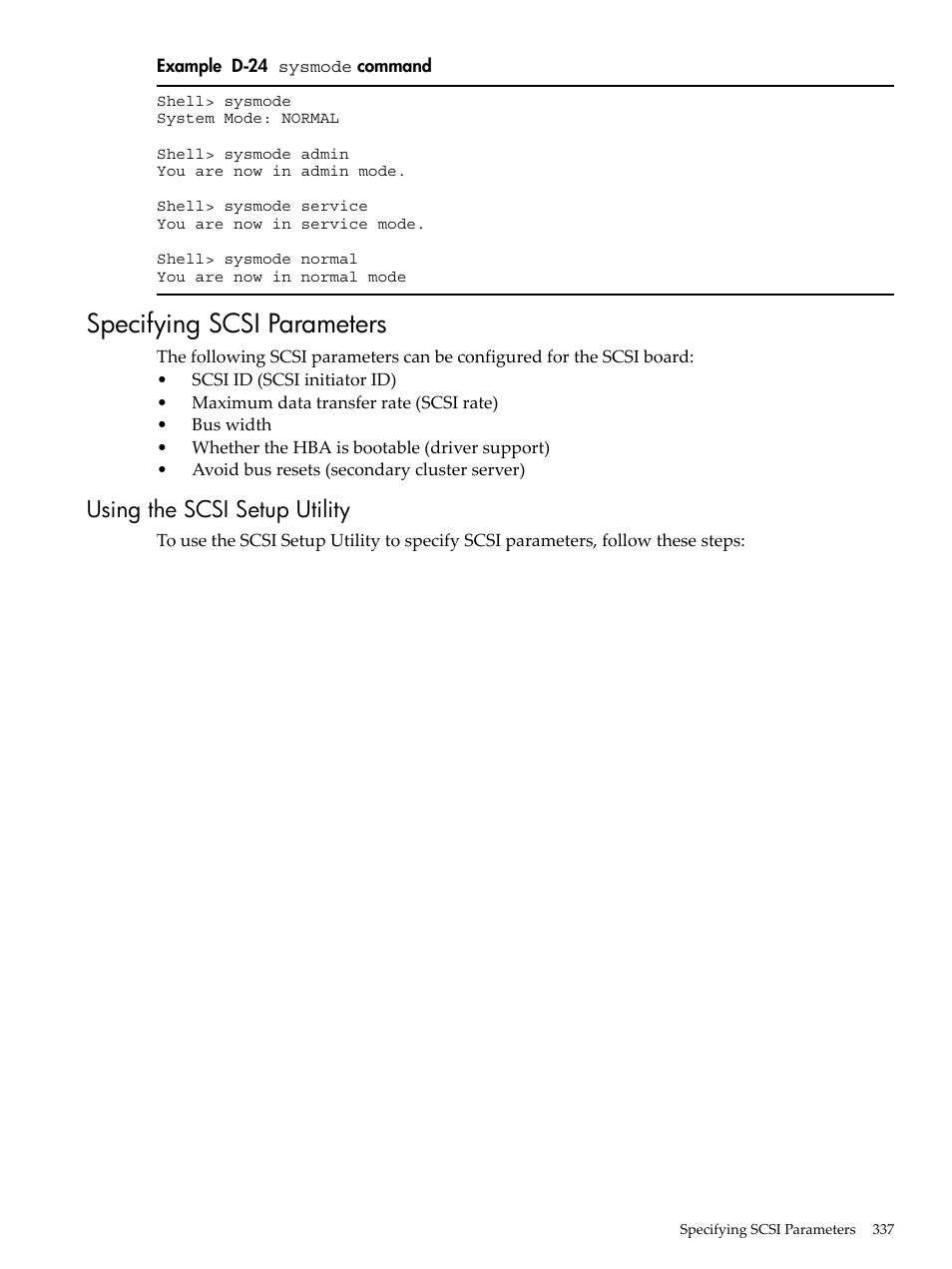 Specifying scsi parameters, Using the scsi setup utility, D-24 | Sysmode, Command | HP INTEGRITY RX3600 User Manual | Page 337 / 356