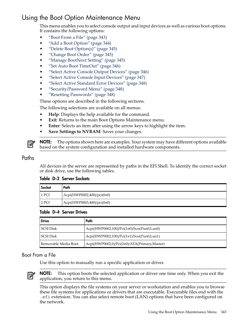 Using the boot option maintenance menu, Paths, Boot from a file | Server sockets, Server drives | HP INTEGRITY RX3600 User Manual | Page 343 / 356