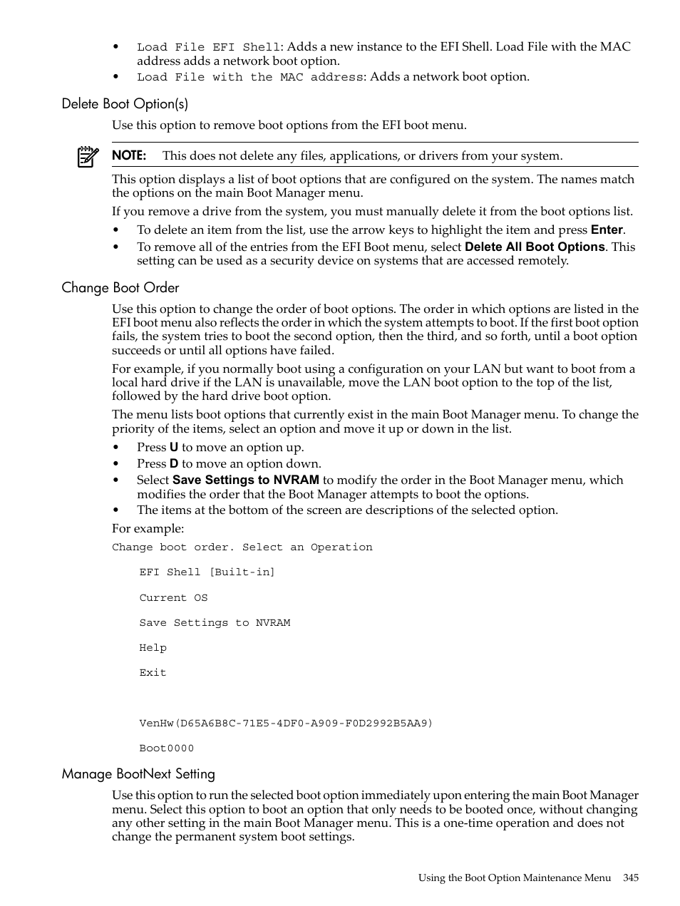 Delete boot option(s), Change boot order, Manage bootnext setting | HP INTEGRITY RX3600 User Manual | Page 345 / 356