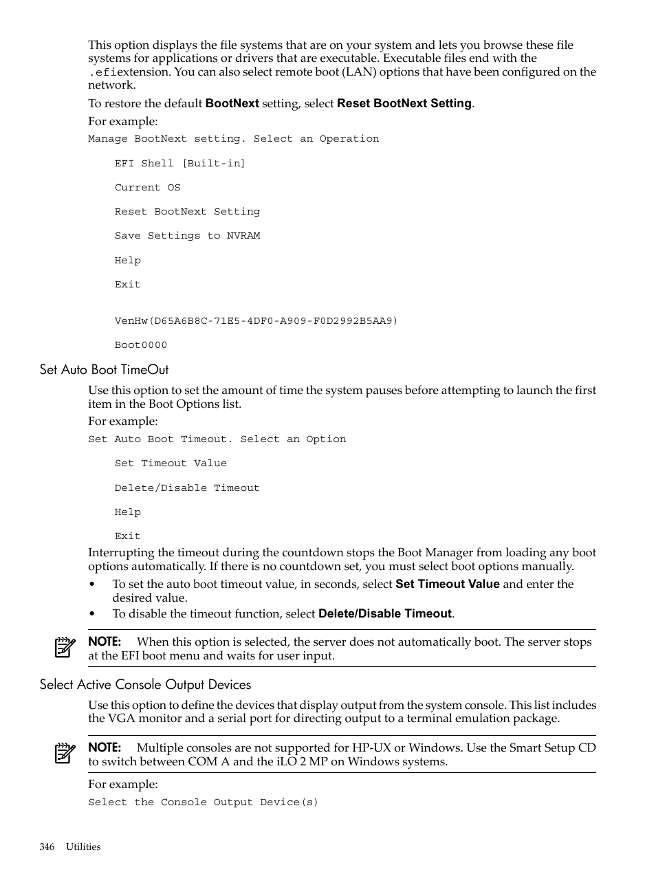 Set auto boot timeout, Select active console output devices | HP INTEGRITY RX3600 User Manual | Page 346 / 356