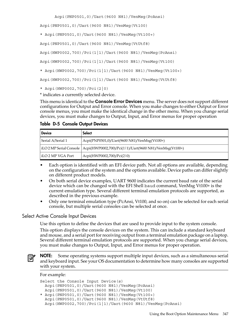 Select active console input devices, Console output devices | HP INTEGRITY RX3600 User Manual | Page 347 / 356