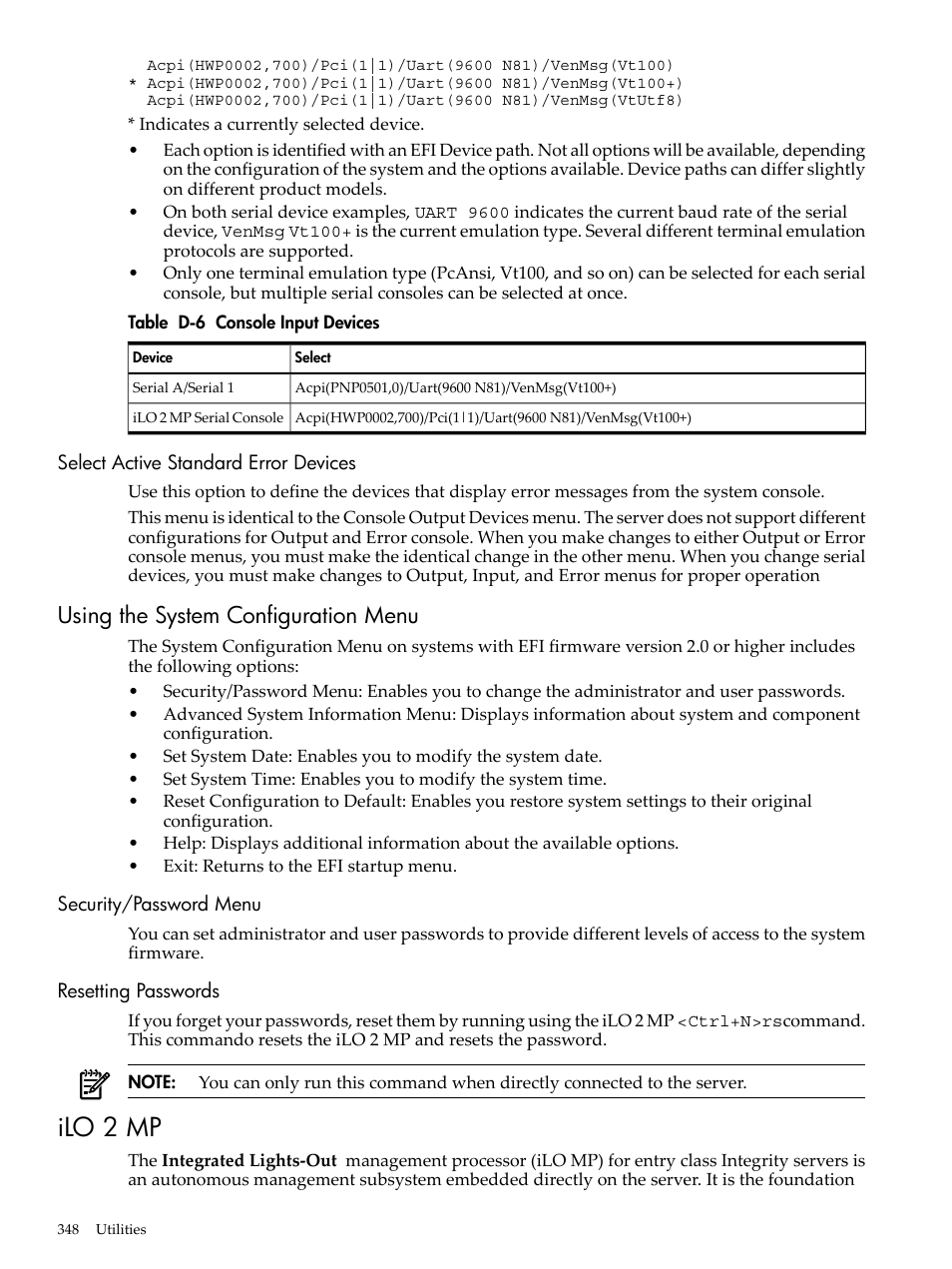 Select active standard error devices, Using the system configuration menu, Security/password menu | Resetting passwords, Ilo 2 mp, Security/password menu resetting passwords, Console input devices | HP INTEGRITY RX3600 User Manual | Page 348 / 356