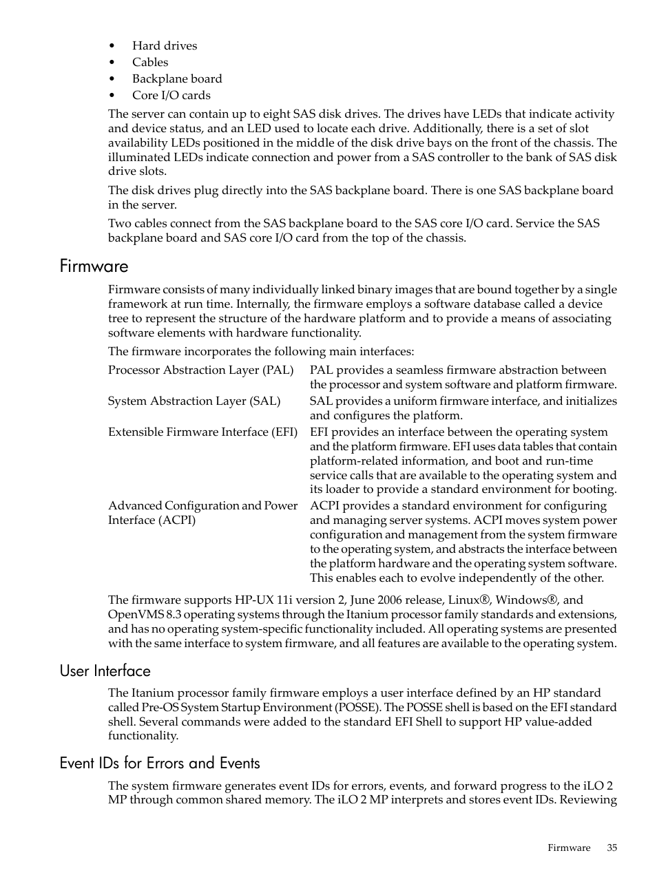 Firmware, User interface, Event ids for errors and events | User interface event ids for errors and events | HP INTEGRITY RX3600 User Manual | Page 35 / 356