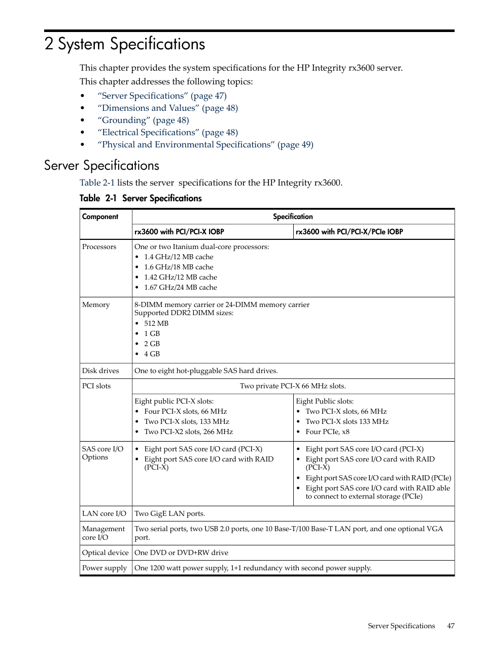 2 system specifications, Server specifications | HP INTEGRITY RX3600 User Manual | Page 47 / 356
