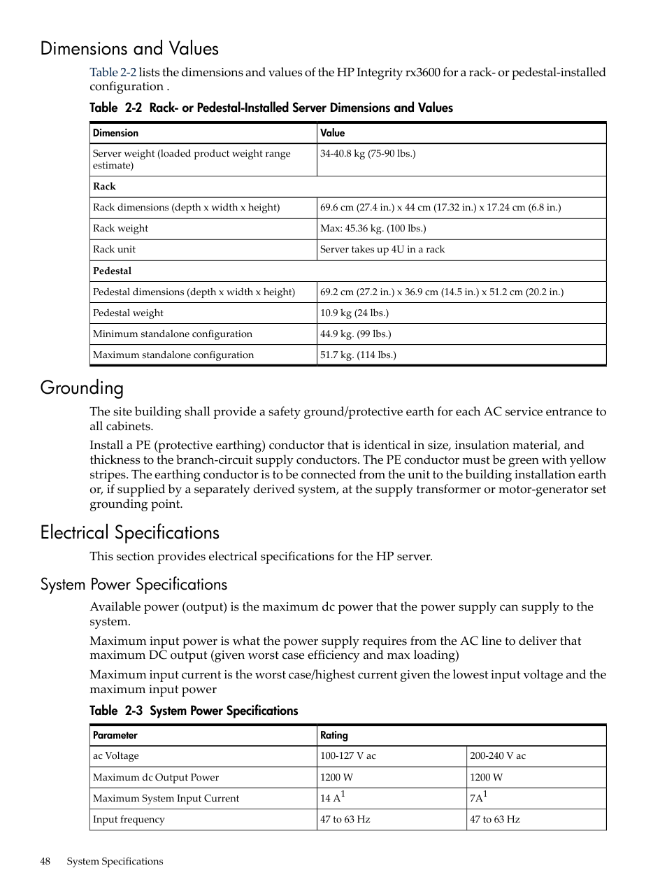 Dimensions and values, Grounding, Electrical specifications | System power specifications | HP INTEGRITY RX3600 User Manual | Page 48 / 356