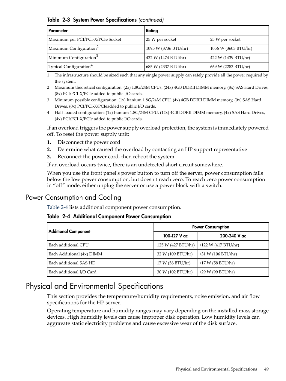 Power consumption and cooling, Physical and environmental specifications, Additional component power consumption | HP INTEGRITY RX3600 User Manual | Page 49 / 356
