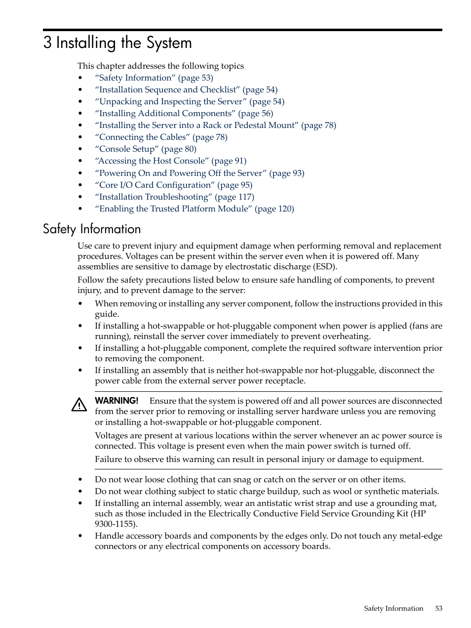 3 installing the system, Safety information | HP INTEGRITY RX3600 User Manual | Page 53 / 356