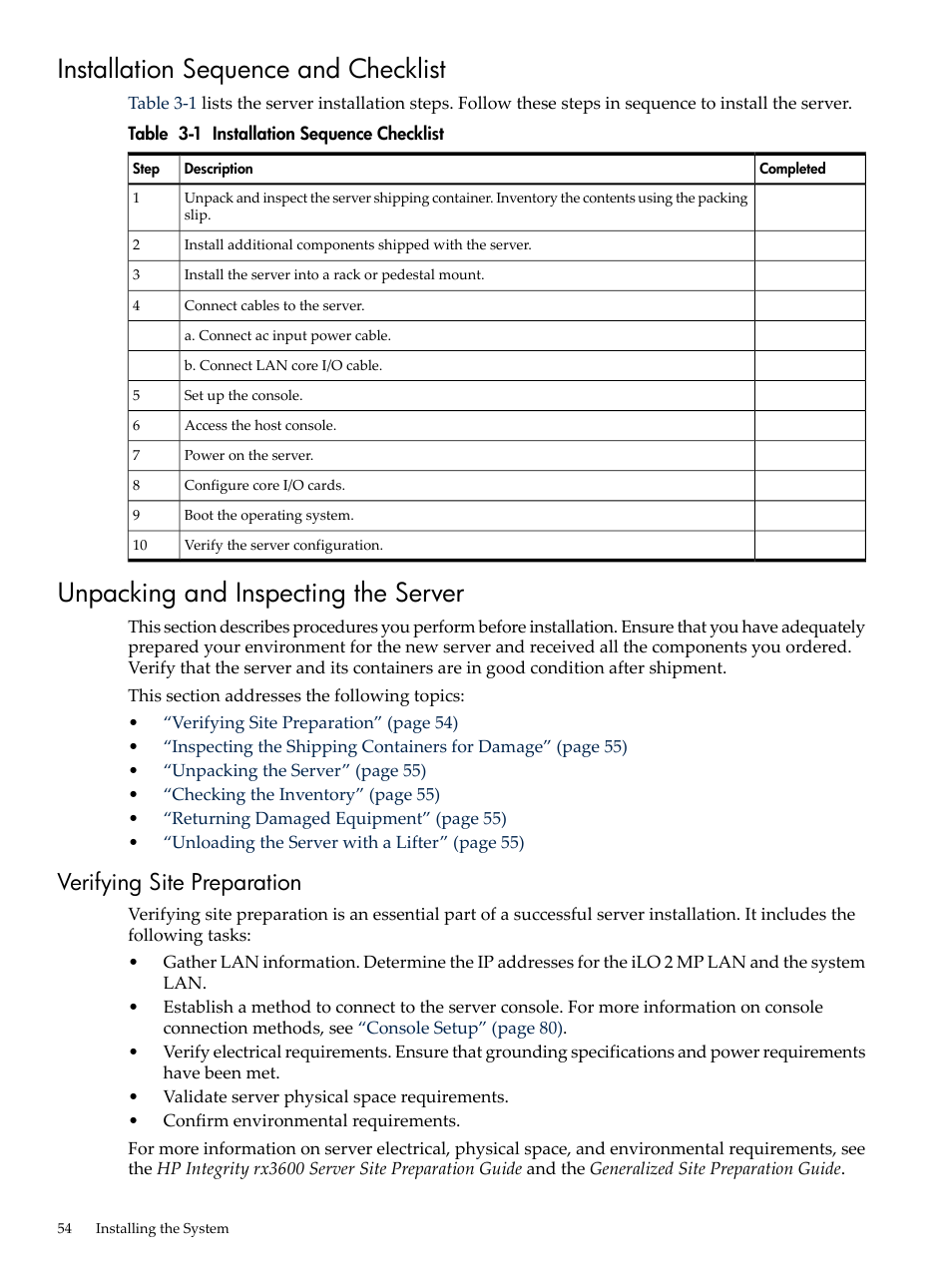 Installation sequence and checklist, Unpacking and inspecting the server, Verifying site preparation | Installation sequence checklist | HP INTEGRITY RX3600 User Manual | Page 54 / 356