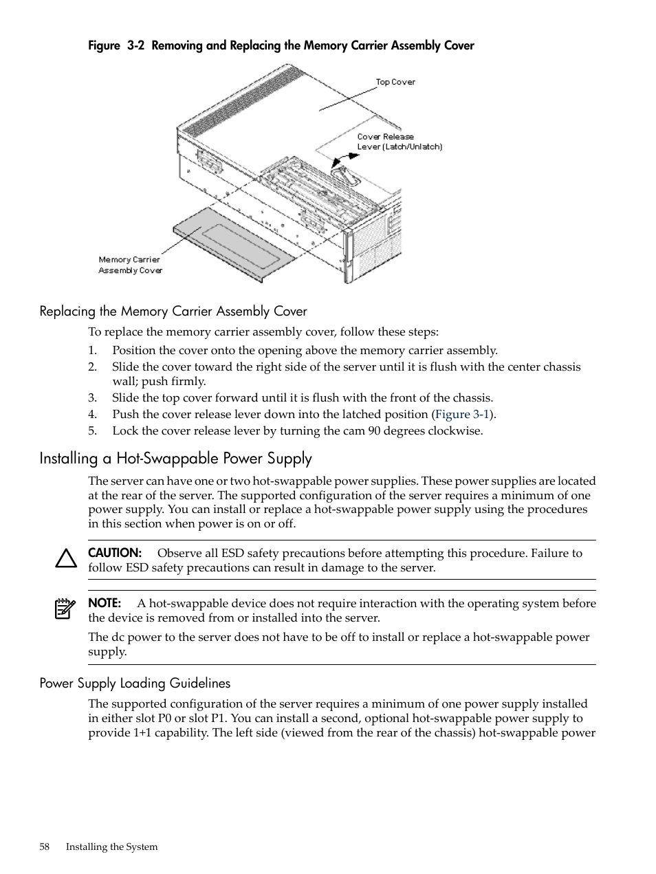 Replacing the memory carrier assembly cover, Installing a hot-swappable power supply, Power supply loading guidelines | Figure 3-2 | HP INTEGRITY RX3600 User Manual | Page 58 / 356