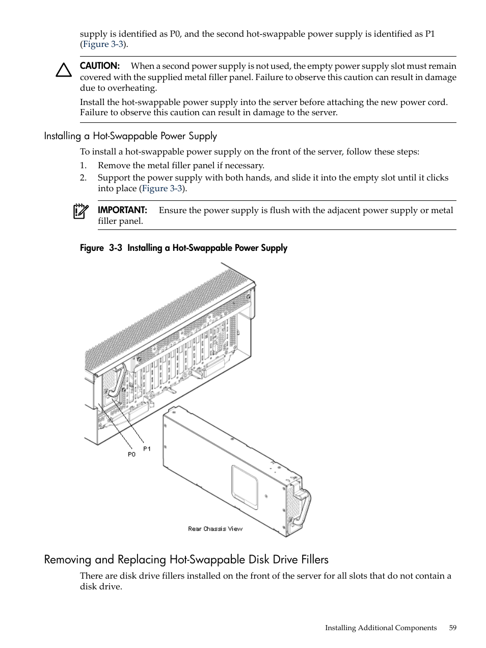 Installing a hot-swappable power supply | HP INTEGRITY RX3600 User Manual | Page 59 / 356