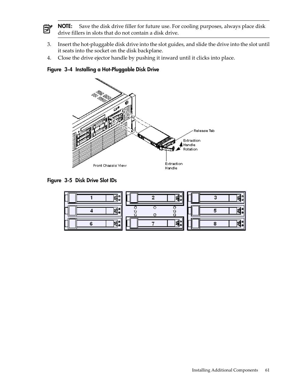 Installing a hot-pluggable disk drive, Disk drive slot ids | HP INTEGRITY RX3600 User Manual | Page 61 / 356