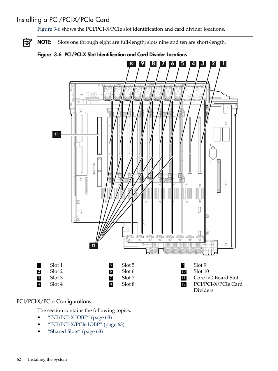 Installing a pci/pci-x/pcie card, Pci/pci-x/pcie configurations | HP INTEGRITY RX3600 User Manual | Page 62 / 356