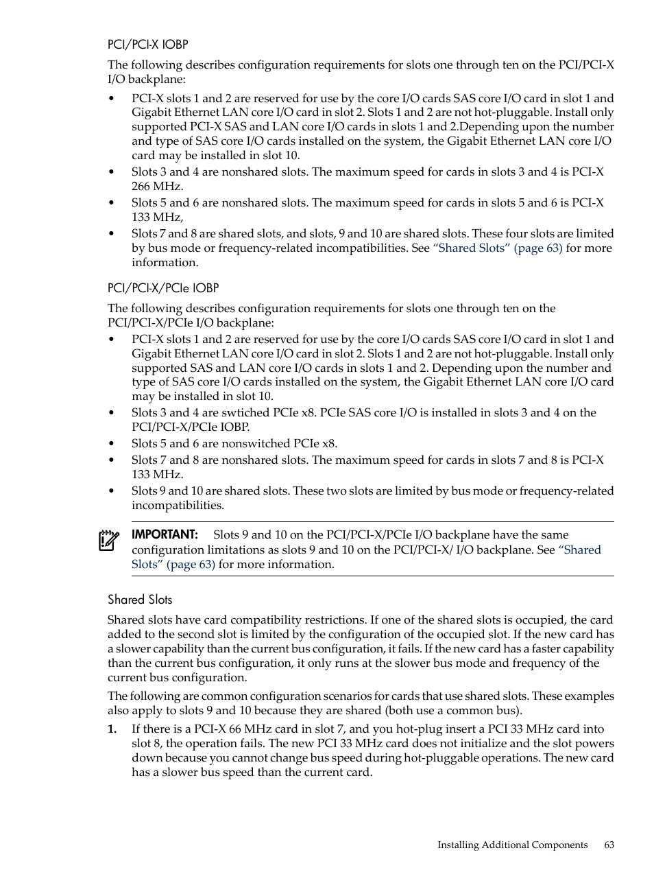 Pci/pci-x iobp, Pci/pci-x/pcie iobp, Shared slots | Pci/pci-x iobp pci/pci-x/pcie iobp shared slots | HP INTEGRITY RX3600 User Manual | Page 63 / 356