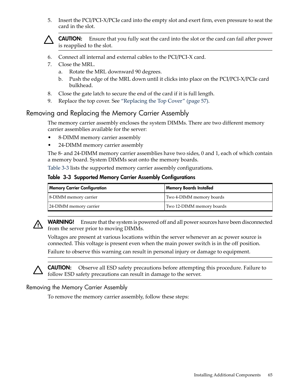 Removing and replacing the memory carrier assembly, Removing the memory carrier assembly, Supported memory carrier assembly configurations | HP INTEGRITY RX3600 User Manual | Page 65 / 356