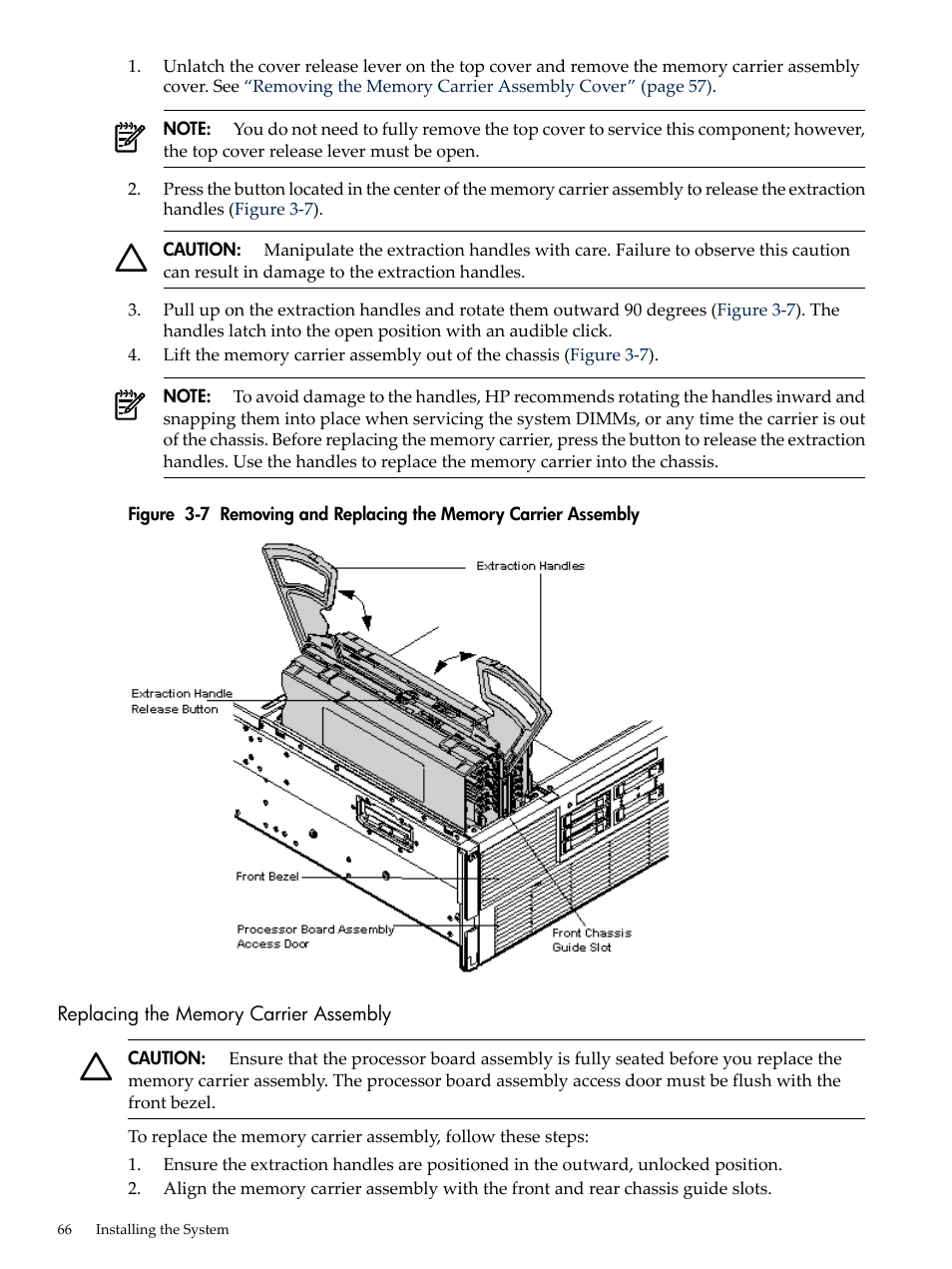 Replacing the memory carrier assembly, Removing and replacing the memory carrier assembly | HP INTEGRITY RX3600 User Manual | Page 66 / 356