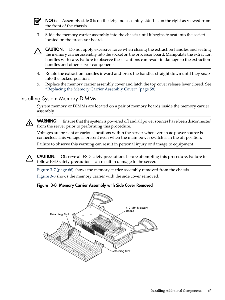 Installing system memory dimms, Memory carrier assembly with side cover removed | HP INTEGRITY RX3600 User Manual | Page 67 / 356