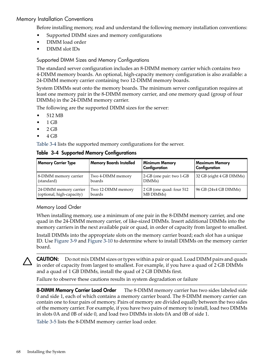 Memory installation conventions, Supported dimm sizes and memory configurations, Memory load order | Supported memory configurations | HP INTEGRITY RX3600 User Manual | Page 68 / 356