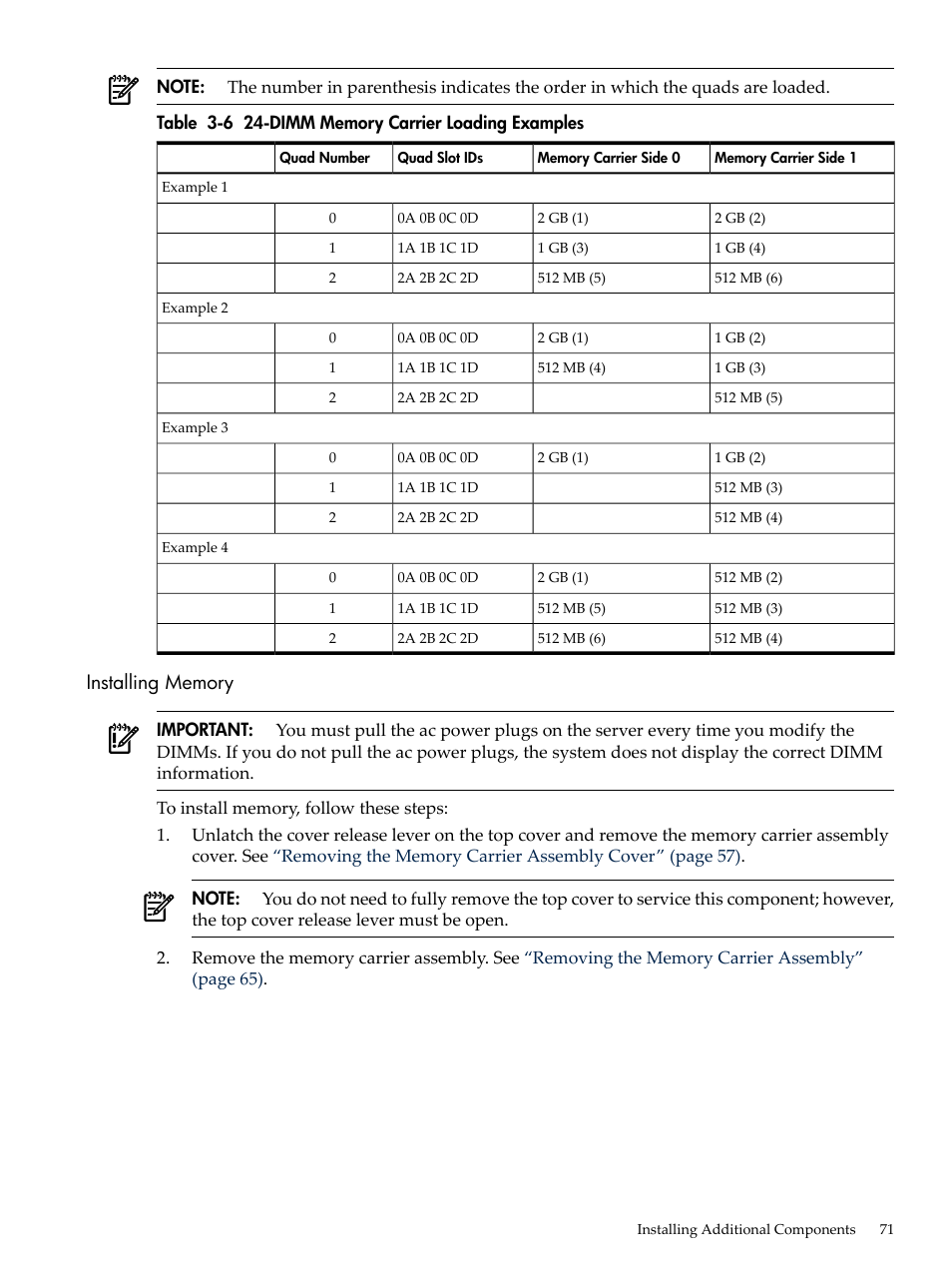 Installing memory, Dimm memory carrier loading examples | HP INTEGRITY RX3600 User Manual | Page 71 / 356