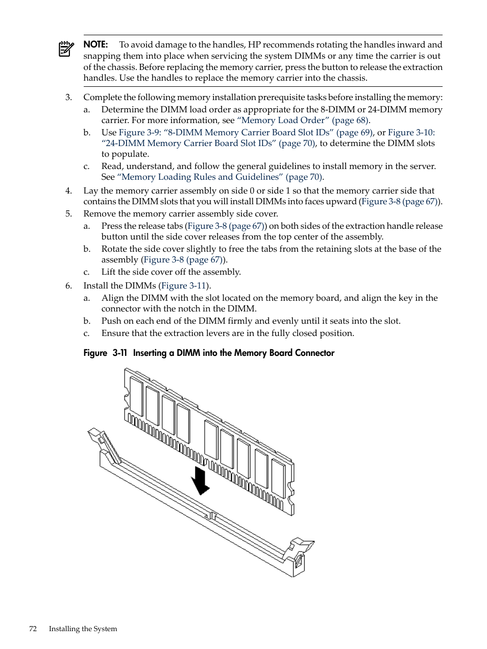 Inserting a dimm into the memory board connector | HP INTEGRITY RX3600 User Manual | Page 72 / 356