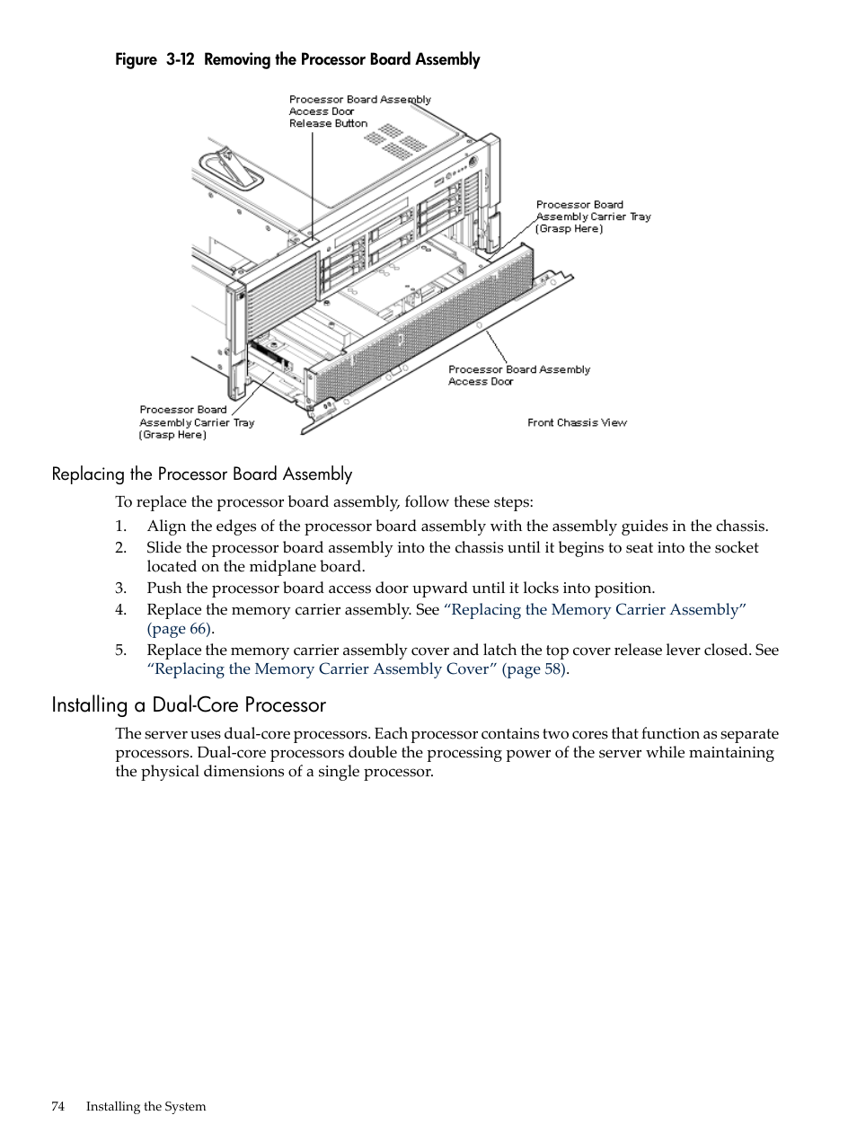 Replacing the processor board assembly, Installing a dual-core processor, Removing the processor board assembly | Figure 3-12 | HP INTEGRITY RX3600 User Manual | Page 74 / 356