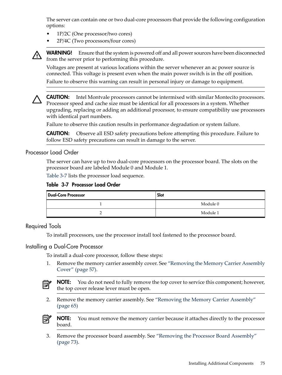 Processor load order, Required tools, Installing a dual-core processor | HP INTEGRITY RX3600 User Manual | Page 75 / 356