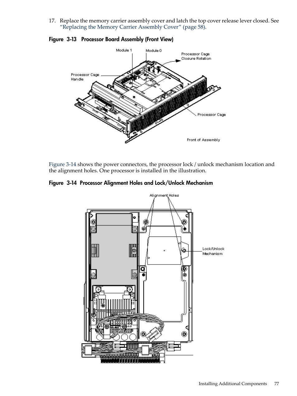 Processor board assembly (front view), Figure 3-13, Figure 3-14 | HP INTEGRITY RX3600 User Manual | Page 77 / 356