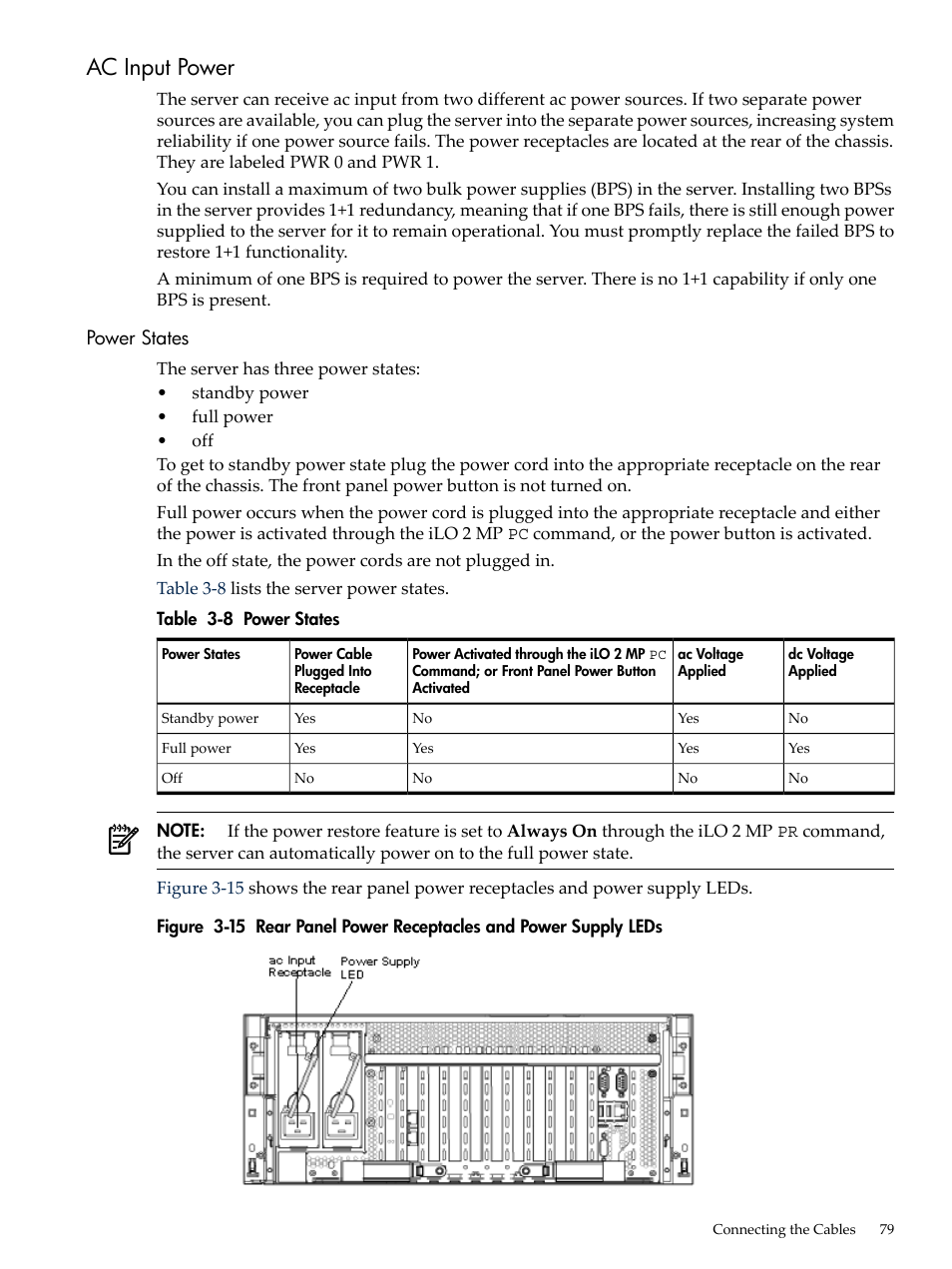 Ac input power, Power states, Rear panel power receptacles and power supply leds | HP INTEGRITY RX3600 User Manual | Page 79 / 356