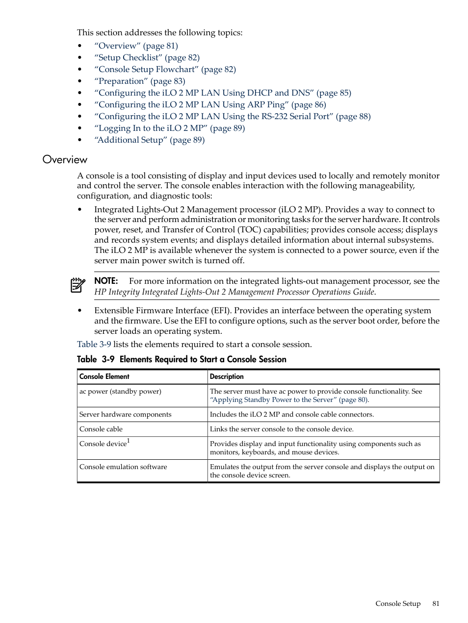 Overview, Elements required to start a console session | HP INTEGRITY RX3600 User Manual | Page 81 / 356