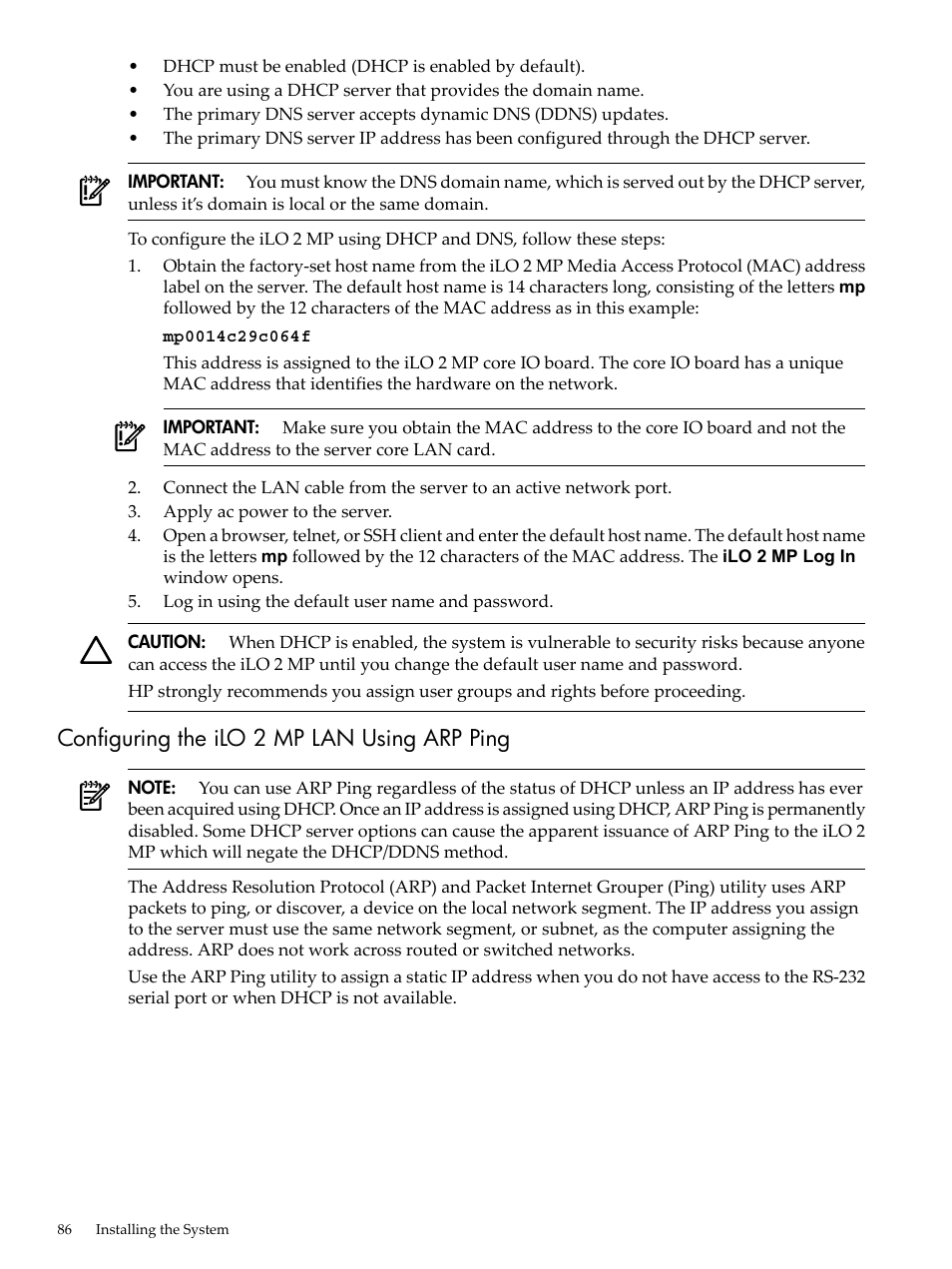 Configuring the ilo 2 mp lan using arp ping | HP INTEGRITY RX3600 User Manual | Page 86 / 356