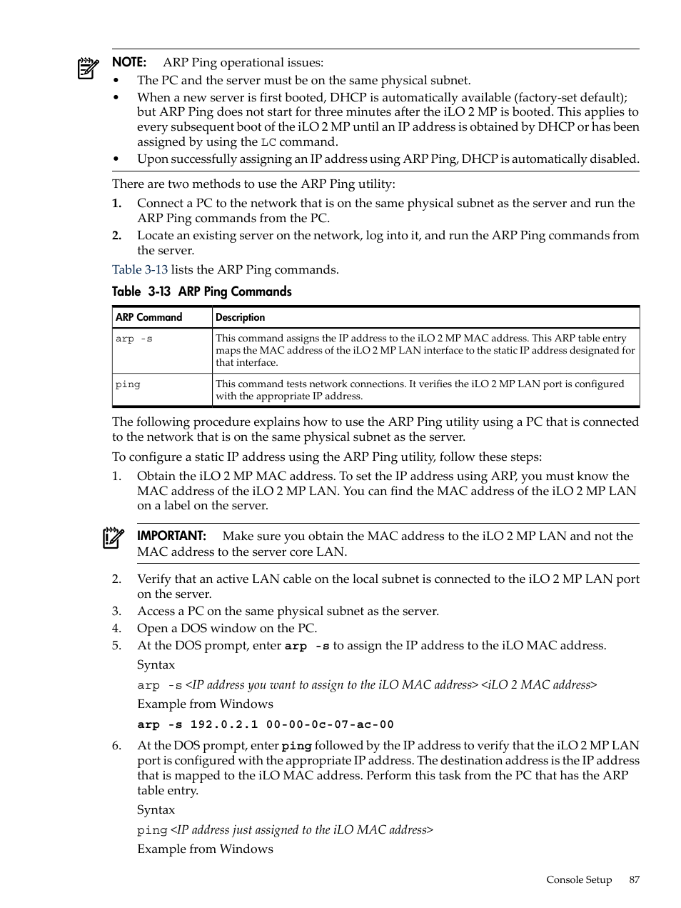 Arp ping commands | HP INTEGRITY RX3600 User Manual | Page 87 / 356