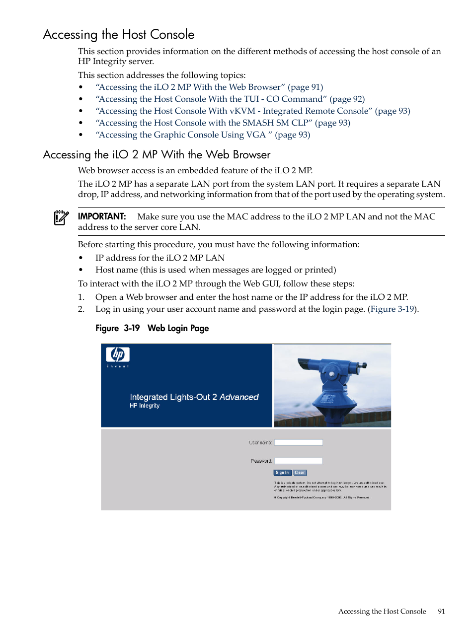 Accessing the host console, Accessing the ilo 2 mp with the web browser | HP INTEGRITY RX3600 User Manual | Page 91 / 356